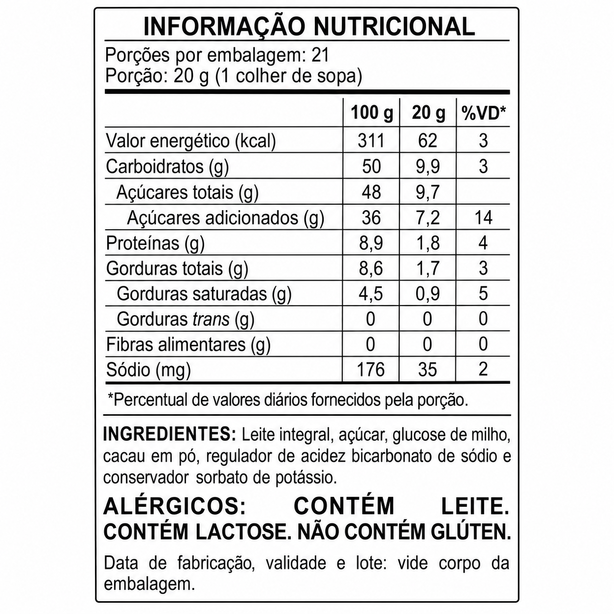 Tabela nutricional do Doce de Leite Premium A2 com Cacau Tacho da Quinta
